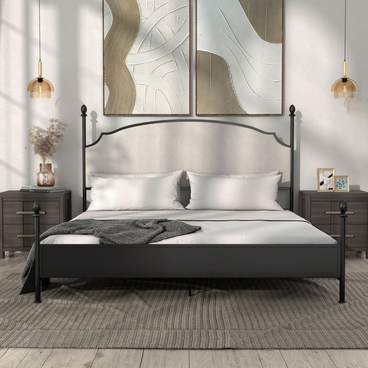 King Black Metal Four Poster Bed with Upholstered Headboard