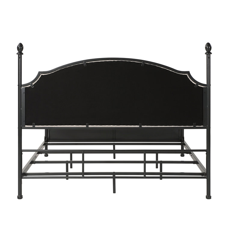 King Black Metal Four Poster Bed with Upholstered Headboard