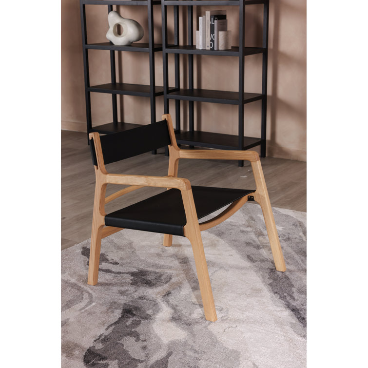 Minimalist Beige Leather and Ash Wood Accent Chair