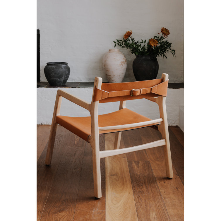 Minimalist Beige Leather and Ash Wood Accent Chair