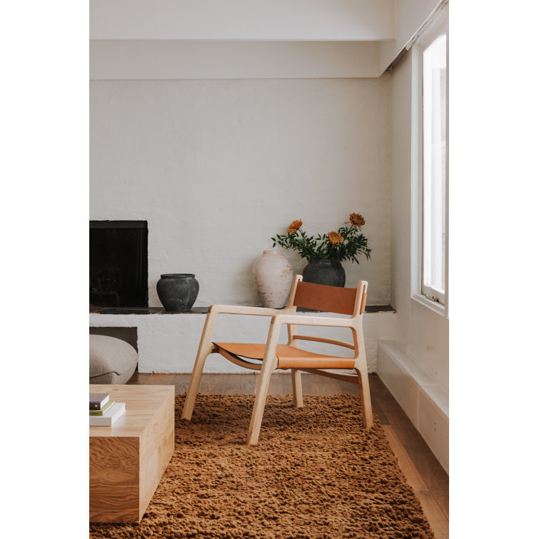 Minimalist Beige Leather and Ash Wood Accent Chair
