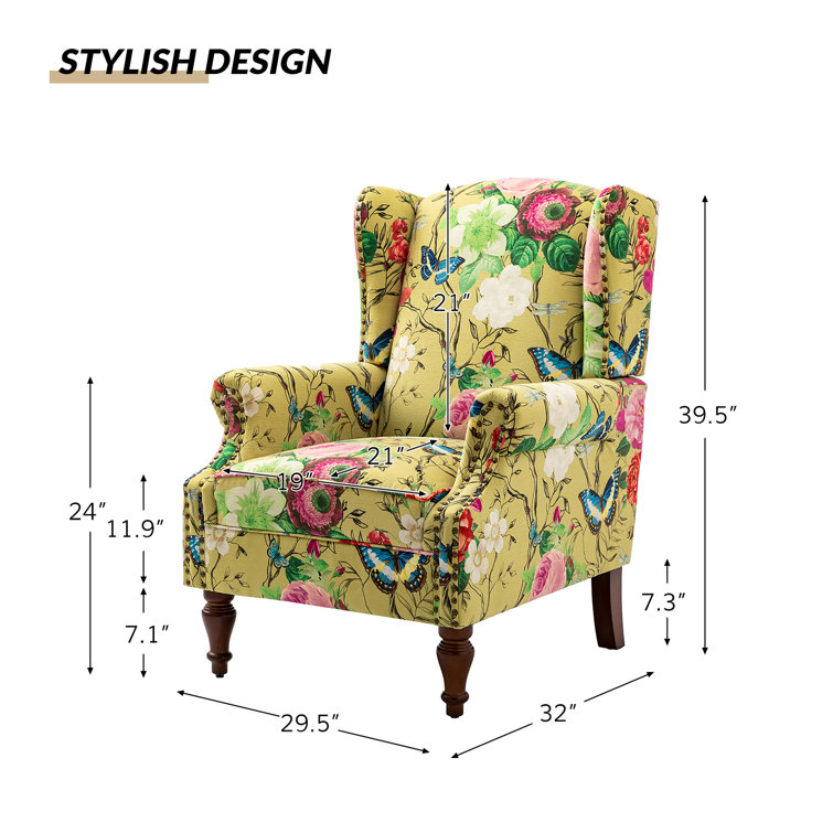 Mustard Floral Polyester Wingback Chairs with Nailhead Trim, Set of 2