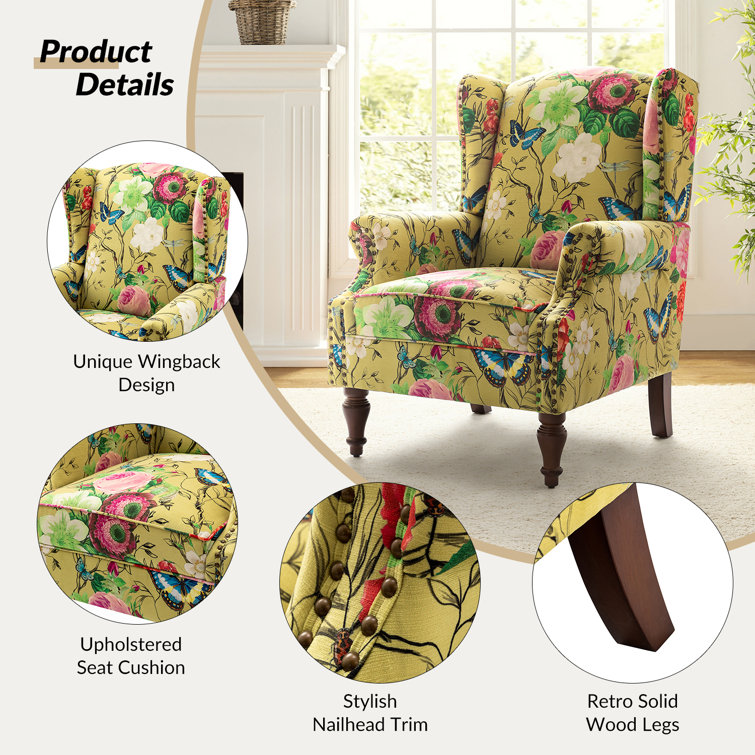 Mustard Floral Polyester Wingback Chairs with Nailhead Trim, Set of 2