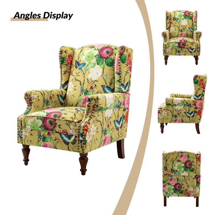 Mustard Floral Polyester Wingback Chairs with Nailhead Trim, Set of 2