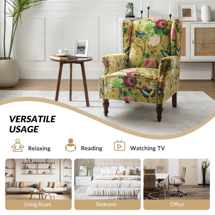 Mustard Floral Polyester Wingback Chairs with Nailhead Trim, Set of 2