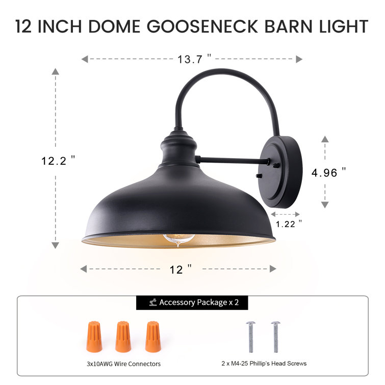 Black Aluminum Outdoor Gooseneck Barn Light with Dome Shade