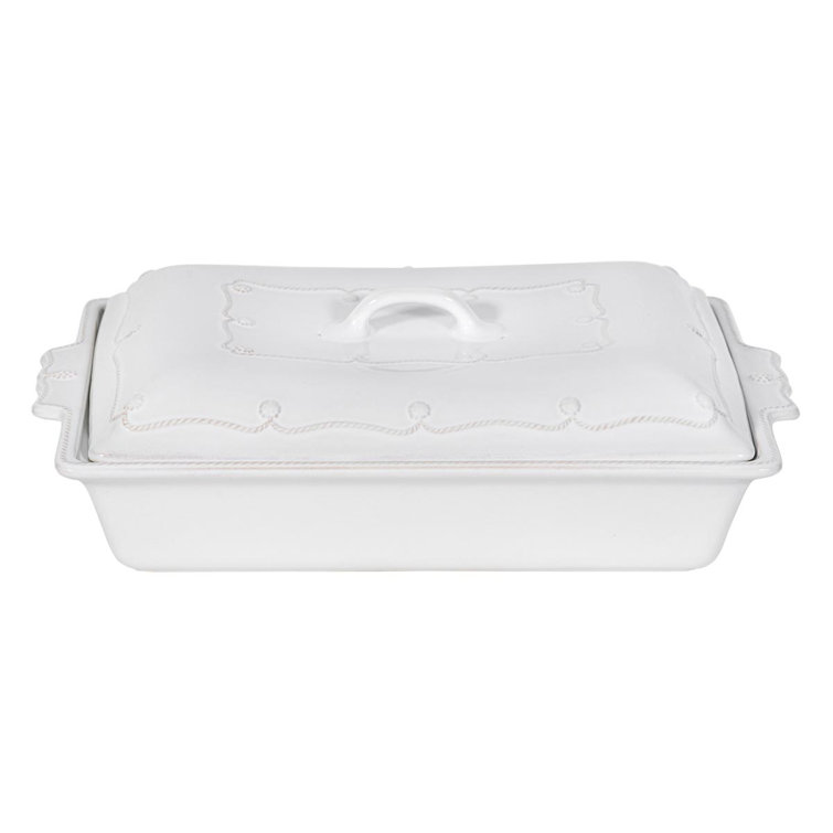 White Rectangular Ceramic Casserole Dish with Lid, 13-inch