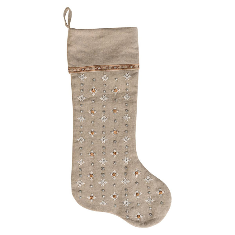 Heidi Natural Embroidered Christmas Stocking with Snowflakes