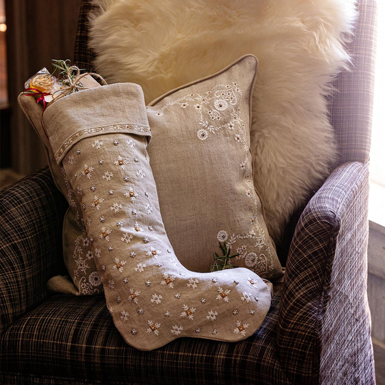 Heidi Natural Embroidered Christmas Stocking with Snowflakes