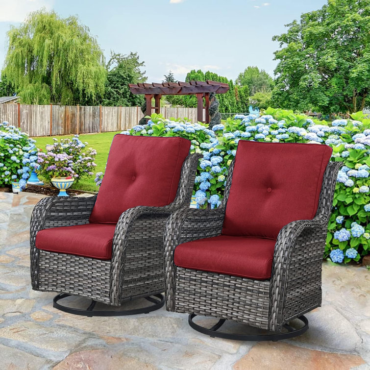 Gray Wicker Outdoor Swivel Rocker Chairs with Red Cushions