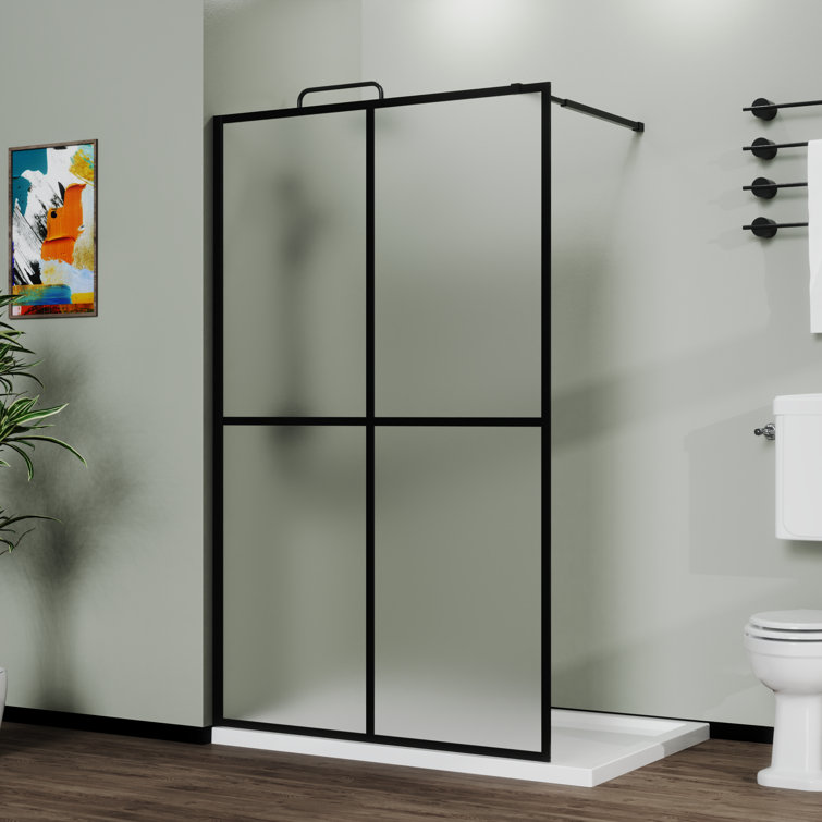 72" Frosted Tempered Glass Shower Screen Door with Black Aluminum Frame