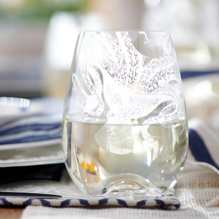 Lucy Octopus Hand-Etched Lead-Free Crystal Stemless Wine Glasses Set of 2