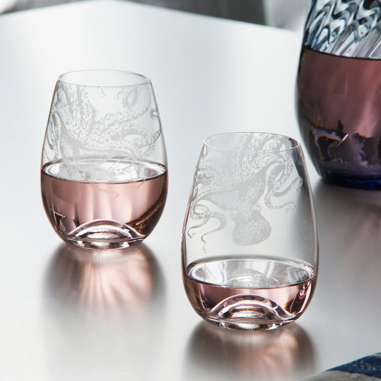 Lucy Octopus Hand-Etched Lead-Free Crystal Stemless Wine Glasses Set of 2