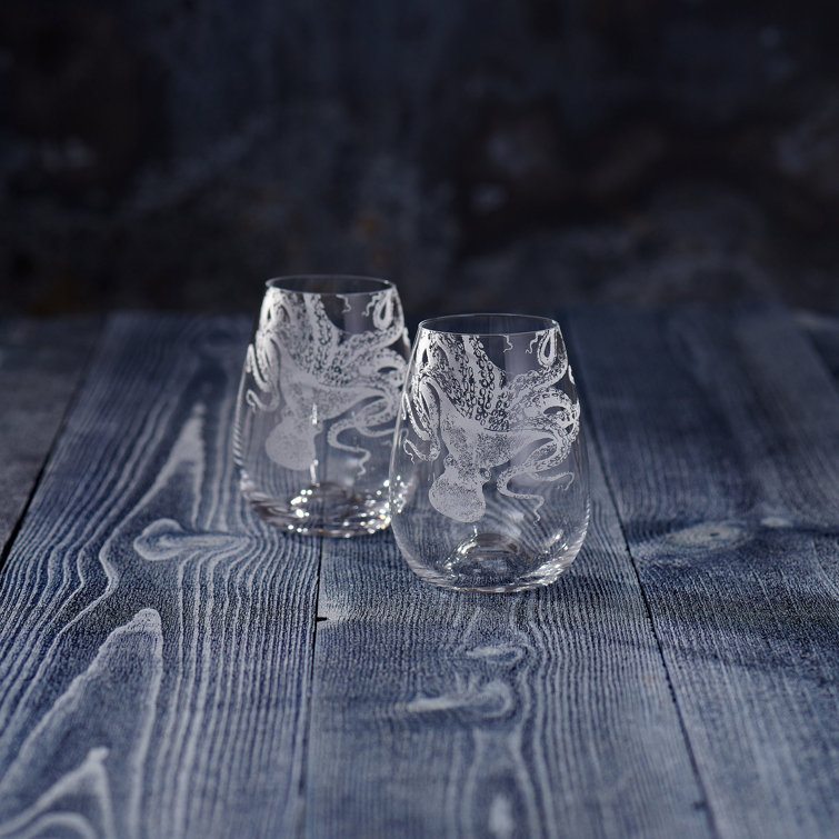 Lucy Octopus Hand-Etched Lead-Free Crystal Stemless Wine Glasses Set of 2