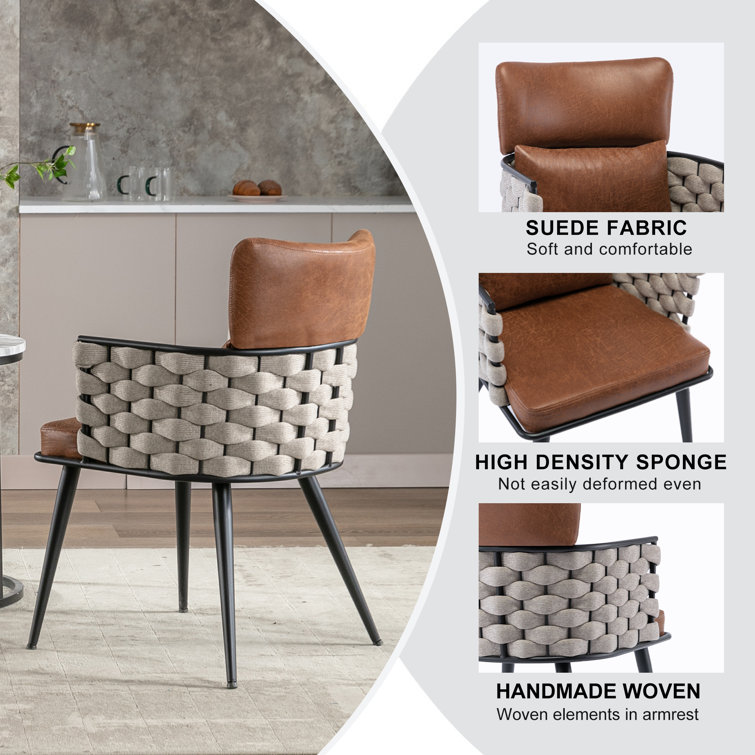 Brown and Beige Faux Leather Woven Armchair Set with Metal Legs