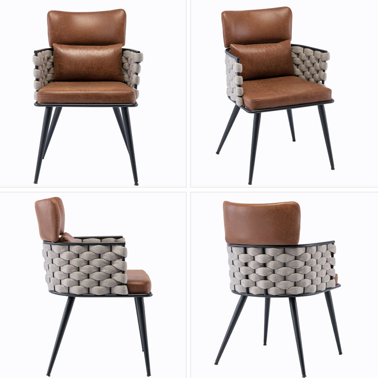 Brown and Beige Faux Leather Woven Armchair Set with Metal Legs