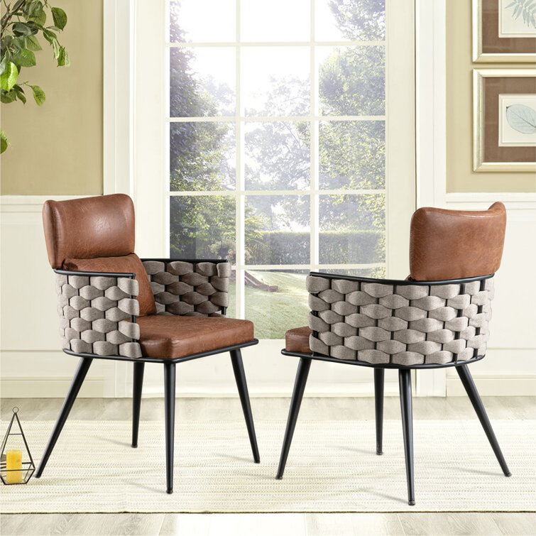 Brown and Beige Faux Leather Woven Armchair Set with Metal Legs