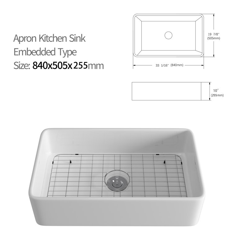 White Fireclay Rectangular Farmhouse Kitchen Sink with Stainless Steel Basket Strainer