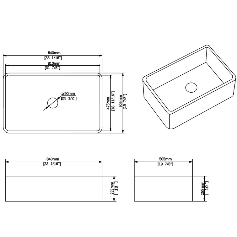 White Fireclay Rectangular Farmhouse Kitchen Sink with Stainless Steel Basket Strainer
