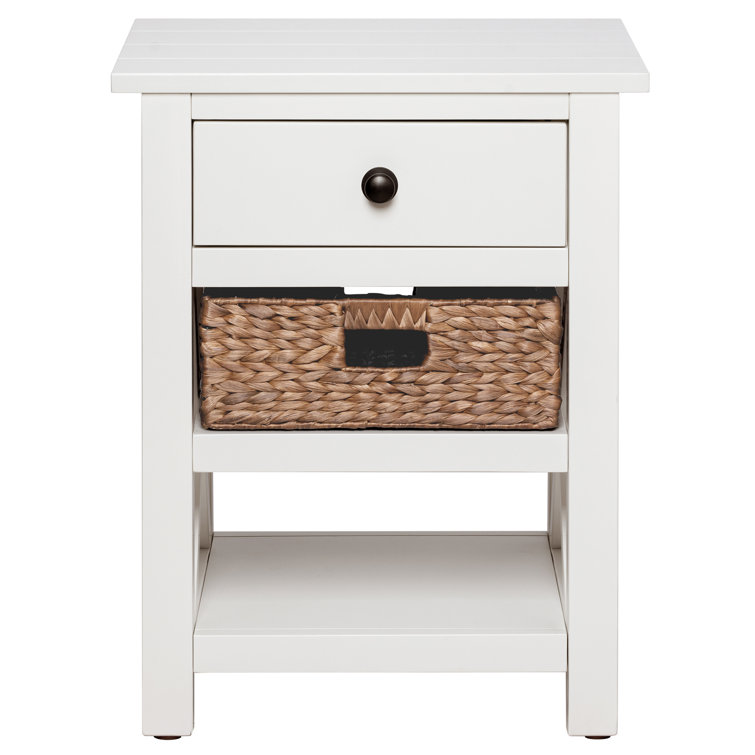 White Solid Wood End Table with Drawer and Wicker Basket