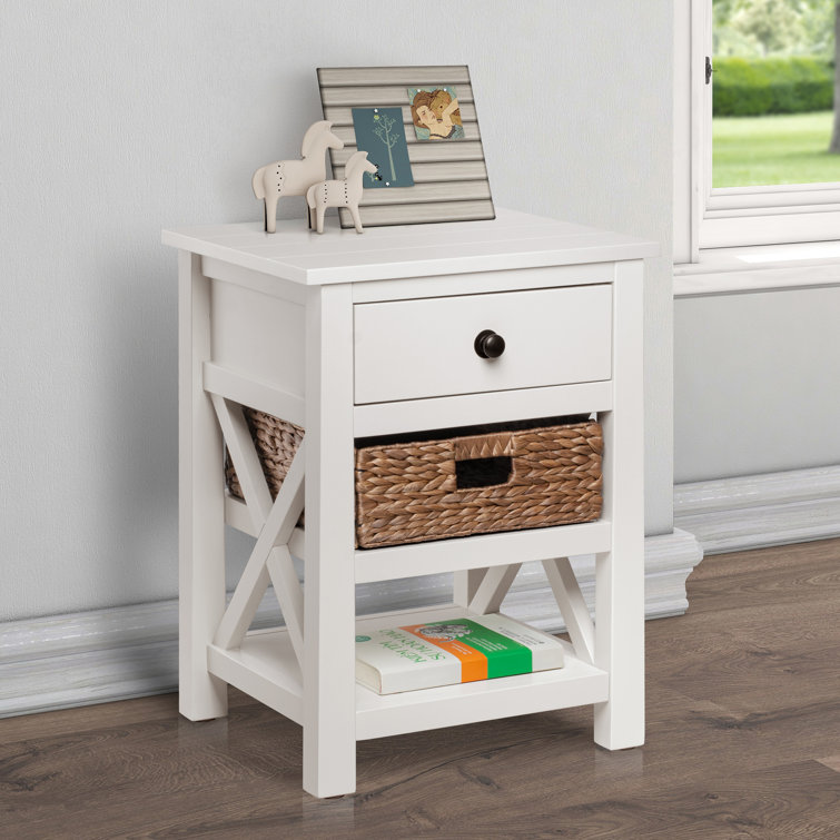 White Solid Wood End Table with Drawer and Wicker Basket