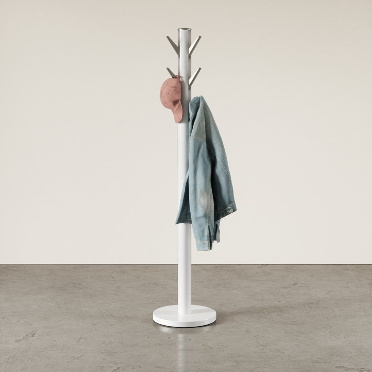 Sleek Flapper 9-Hook White Wooden Freestanding Coat Rack