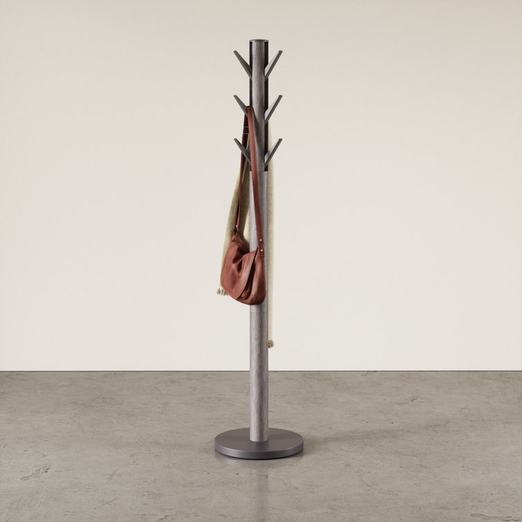 Gray Rubberwood Modern Freestanding Coat Rack with 9 Hooks