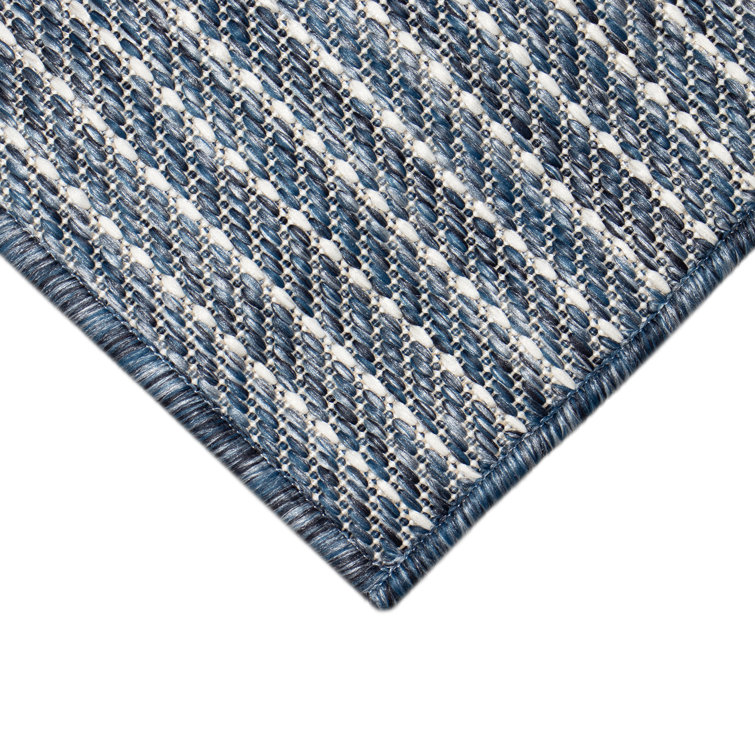 Navy Stripe Flat Woven Synthetic Square Indoor/Outdoor Rug