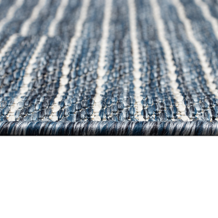 Navy Stripe Flat Woven Synthetic Square Indoor/Outdoor Rug