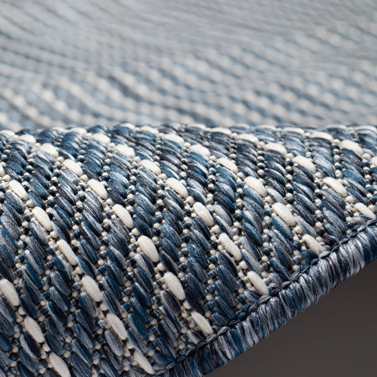 Navy Stripe Flat Woven Synthetic Square Indoor/Outdoor Rug