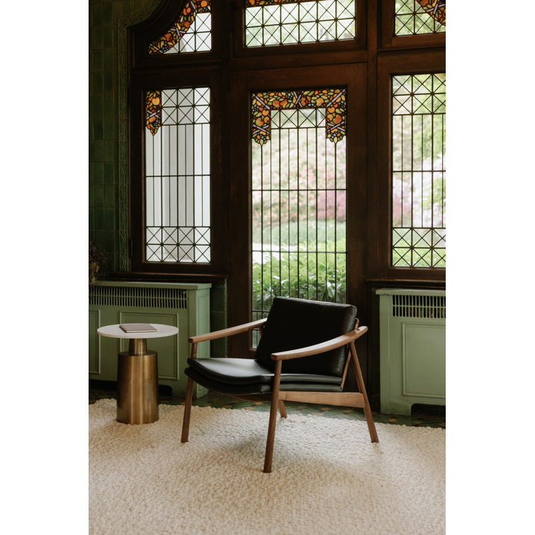 Pebbled Black Genuine Leather and Walnut Lounge Chair