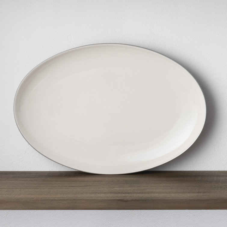 White Ceramic Oval Serving Platter with Trim Embellishment