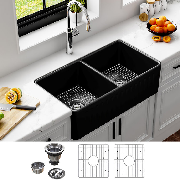 Matte Black Double Basin Fireclay Farmhouse Sink with Drainboard