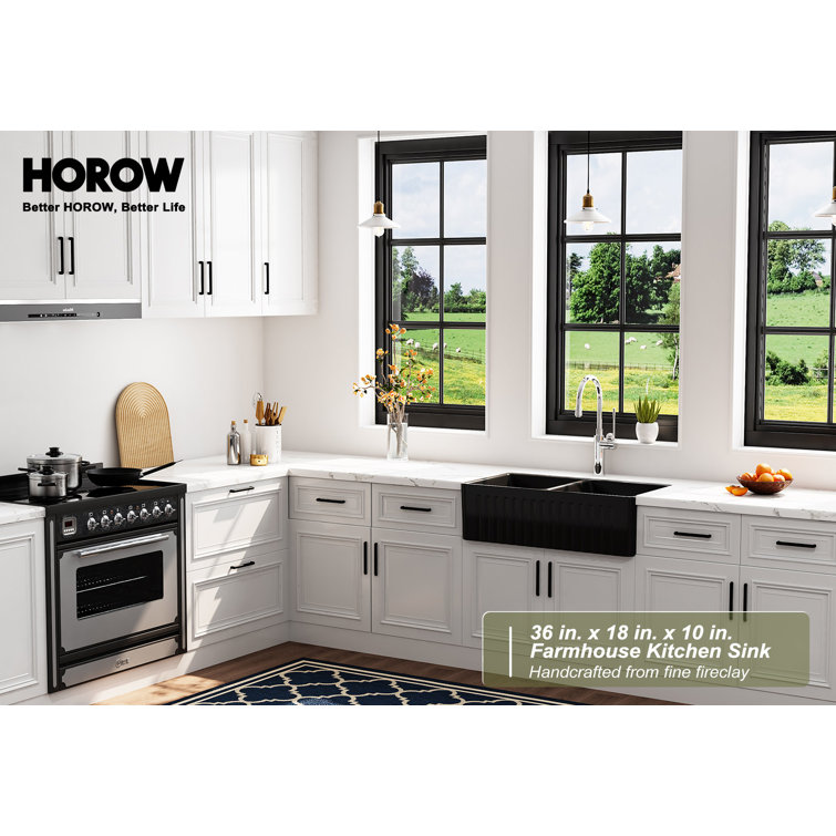 Matte Black Double Basin Fireclay Farmhouse Sink with Drainboard