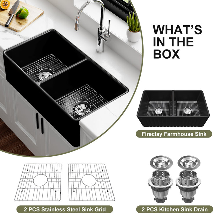 Matte Black Double Basin Fireclay Farmhouse Sink with Drainboard