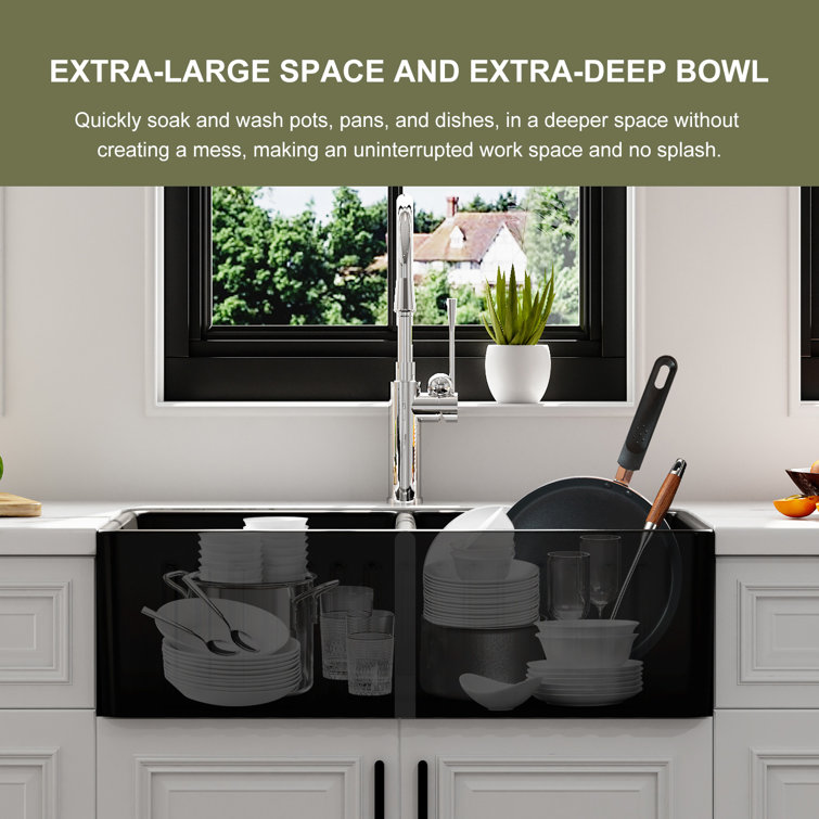 Matte Black Double Basin Fireclay Farmhouse Sink with Drainboard