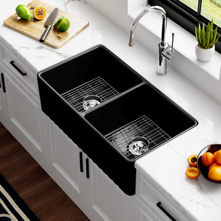 Matte Black Double Basin Fireclay Farmhouse Sink with Drainboard