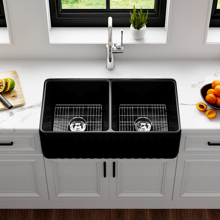 Matte Black Double Basin Fireclay Farmhouse Sink with Drainboard
