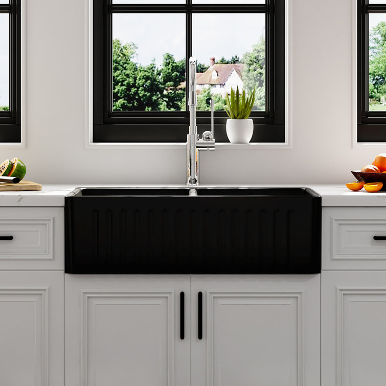 Matte Black Double Basin Fireclay Farmhouse Sink with Drainboard