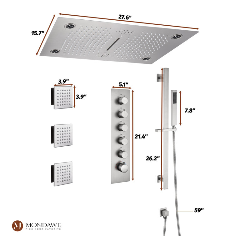 Brushed Nickel LED Ceiling Mounted Dual Shower System with Bluetooth Speaker