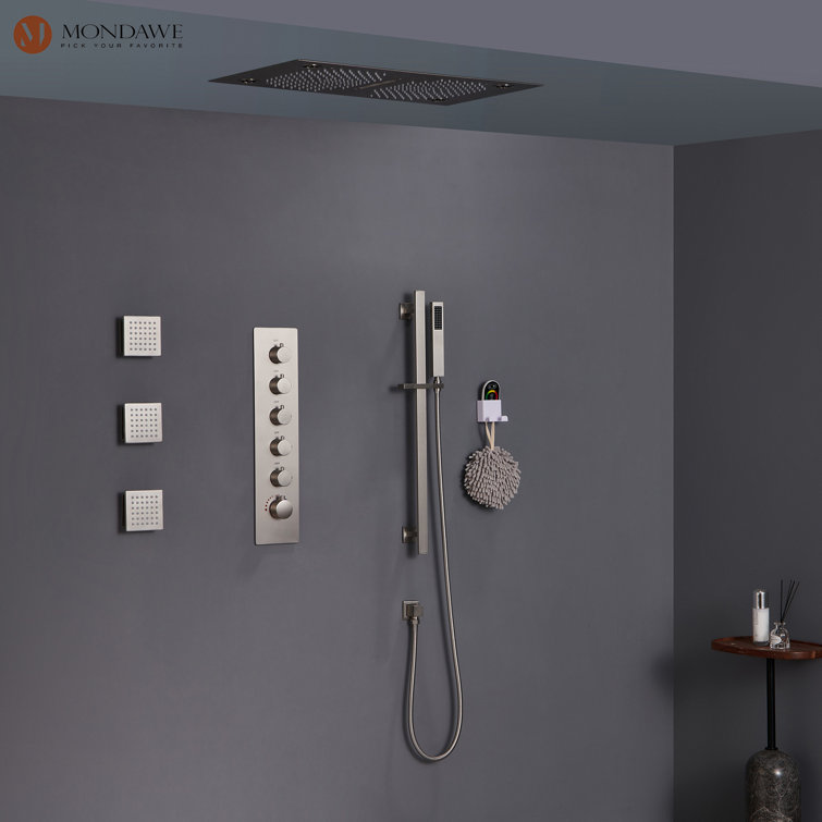 Brushed Nickel LED Ceiling Mounted Dual Shower System with Bluetooth Speaker
