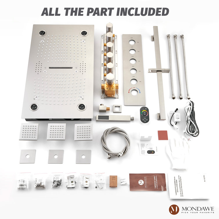 Brushed Nickel LED Ceiling Mounted Dual Shower System with Bluetooth Speaker
