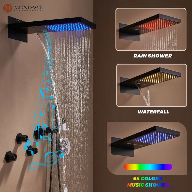 Matte Black Stainless Steel Dual Rain Shower System with Bluetooth Speaker