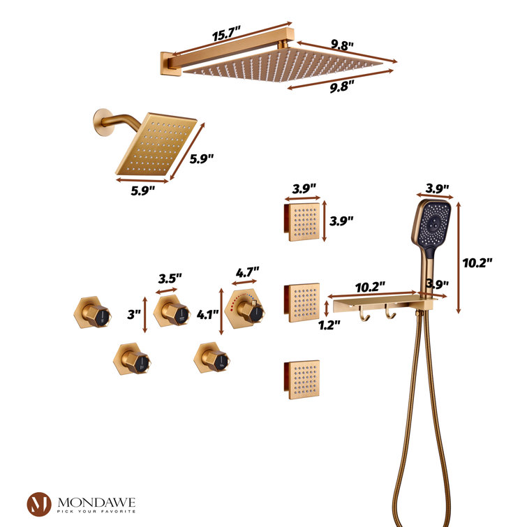 Brushed Gold Dual Square Wall Mounted Shower System