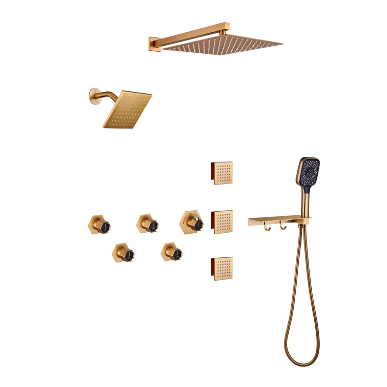 Brushed Gold Dual Square Wall Mounted Shower System