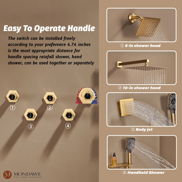Brushed Gold Dual Square Wall Mounted Shower System