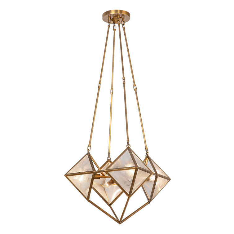 Vintage Brass Geometric 4-Light Chandelier with Ribbed Glass