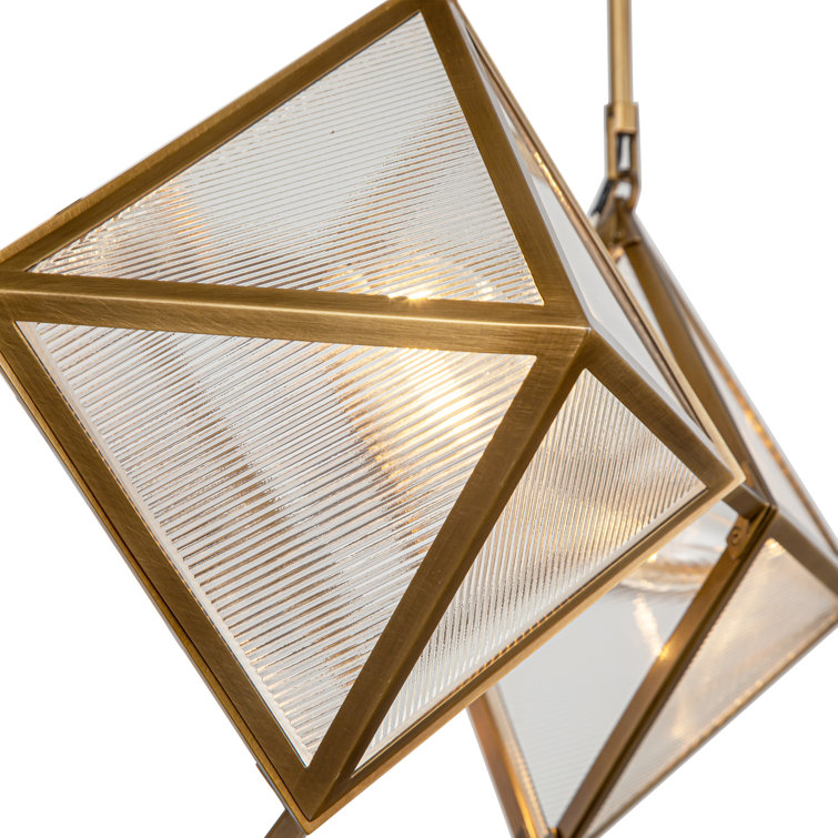 Vintage Brass Geometric 4-Light Chandelier with Ribbed Glass