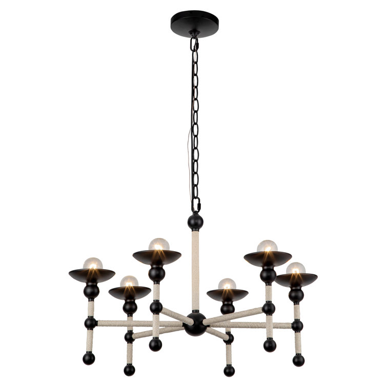 Matte Black and Natural Corn Fiber Rope 6-Light Chandelier
