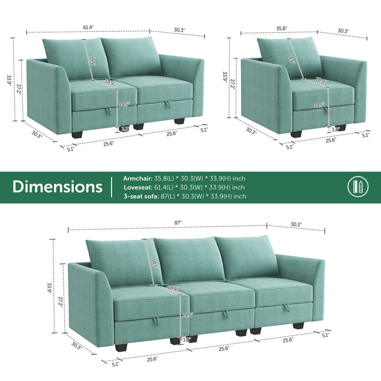 Aqua Blue Polyester Blend 3-Piece Modular Sofa Set